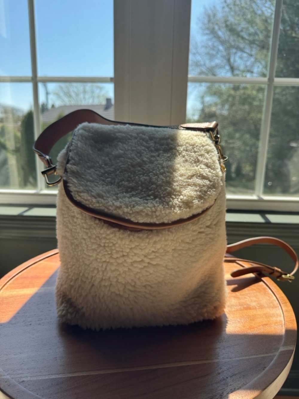 Shinola Cream Sherpa Backpack with Leather Trim
